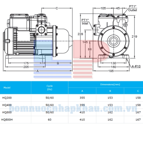 Sơ đồ kỹ thuật của máy bơm dân dụng tăng áp Walrus HQ-400